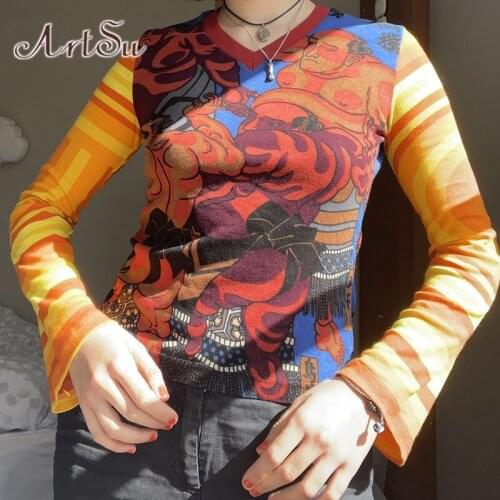 ArtSu Long Sleeve T-Shirt Y2K Clothes Autumn Streetwear V Neck Graphic Tshirt Crop Tops Patchwork Tee Shirt Femme Women Clothing