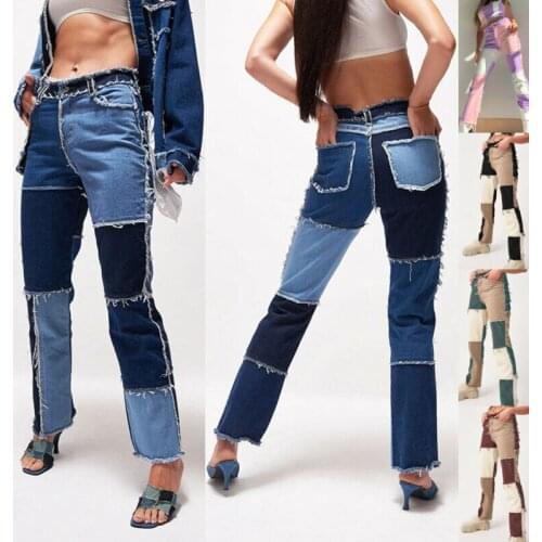 Womens Patchwork Denim Trousers Ripped Jeans Long Pants Fashion Color Block Jeans Trendy Denim Pencil Pants Casual Clothing