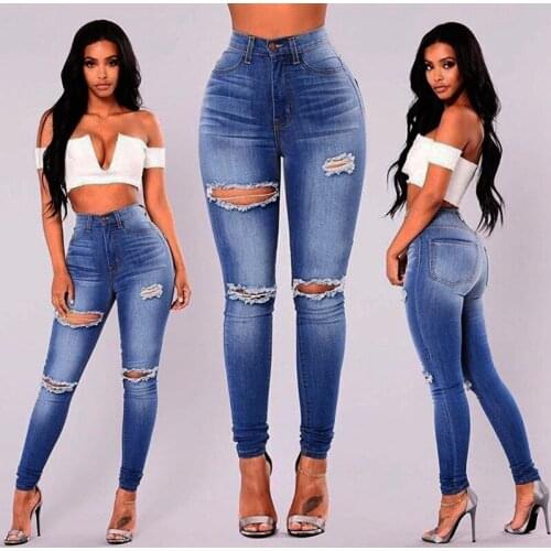 2018 Spring Autumn Women Tight Pencil Pants Denim Jeans Hole Women Slim Basic Casual Girls Jeans Plus size S-XXXL