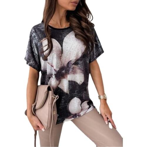 2021 Summer Flower Printed Tops Women Short Sleeve O-Neck Shirt Casual Loose Pullover Streetwear Ladies Tees