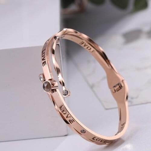Fashion Charm Women 100 Languages I Love You Memory Bangles for Women Stainless steel Rose Gold Roman Numerals Crystal Bracelet B0010