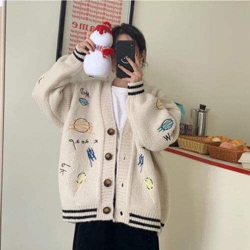 Woman Sweaters Korean Style Knitted Cardigan Female Mid-Length Autumn Winter Loose Thick Student Embroidery Sweater Coat Tide