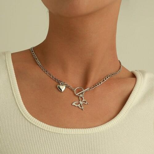 Silver Color Heart Butterfly Charm Necklace for Women OT Buckle Clavicle Chain Short Necklaces Female 2021 Fashion Jewelry