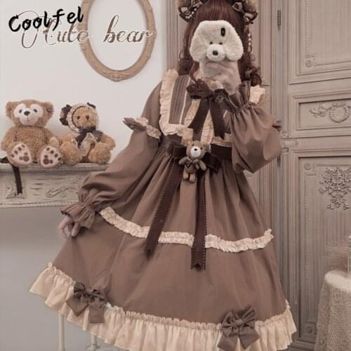 Japanese Gothic Lolita Dress Women Kawaii Bow Ruffles Camel Dress Long Sleeve Princess Costume Dresses