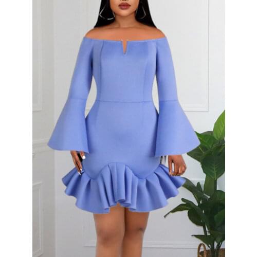 Women Dresses Party Off Shoulder Long Flare Sleeve Ruffles Prom Bodycon Mini Classy Ladies Evening Dinner Date Out Robes African