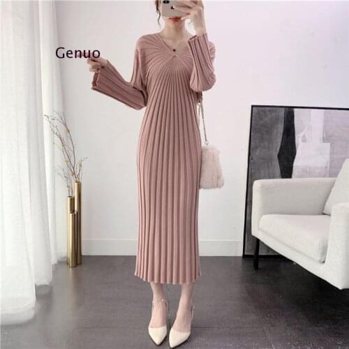 Winter Knitted Women Sweater Dress Fashion Solid Color Female V Neck Sheath Dress 2020 Autumn New Long Dress for Female
