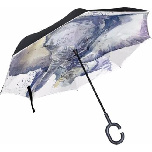 Watercolor Painting Animal Pattern Reverse Umbrella Long Shank Inverted Double Layer Creative Self Stand Rain Protection Parasol