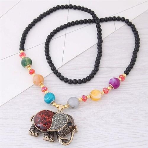 Boho Elephant Pendant Necklace Women Long Fashion Vintage Colorful Crystals Beaded Fashion Jewelry For Women