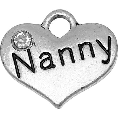 DoreenBeads alloy + Rhinestone Charm Pendants Heart Silver color Message "Nanny"Clear Rhinestone 16mmx14mm ,20 PCs
