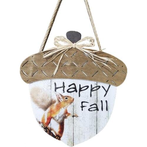 Door Pendant Squirrel Print Acorns Shape Wood Craft Happy Fall Hanging Ornament for Home