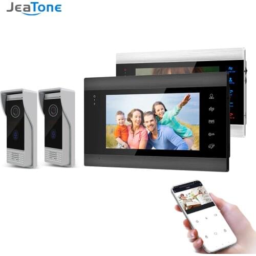 Jeatone 7 Inch Wireless Wifi Smart IP Video Door Phone Intercom System with 2 Night Vision Monitor + 2 Rainproof Doorbell Camera