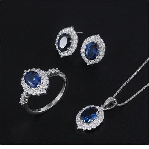 QTT Gorgeous Ring Necklace Earrings Wedding Set Luxury Blue AAA Zircon Crystal Jewelry Sets For Women Engagement 925 Silver Gift