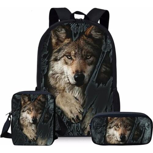 Cool Wolf Print School Bags Set Bookbags For Teenage Boys Girls 3pcs Kids Backpack With Lunch Box Pencil Bag Mochilas Escolares