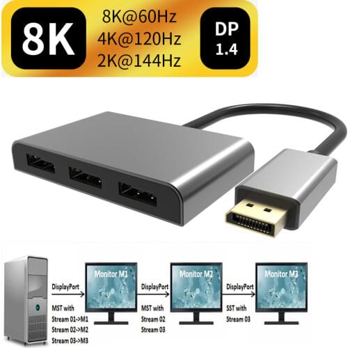 DisplayPort MST Hub Splitter 1X3 cable Displayport 1.4 Splitter DP multi-screen splitter converter 8K@30Hz,4K@120Hz, 2K@144Hz