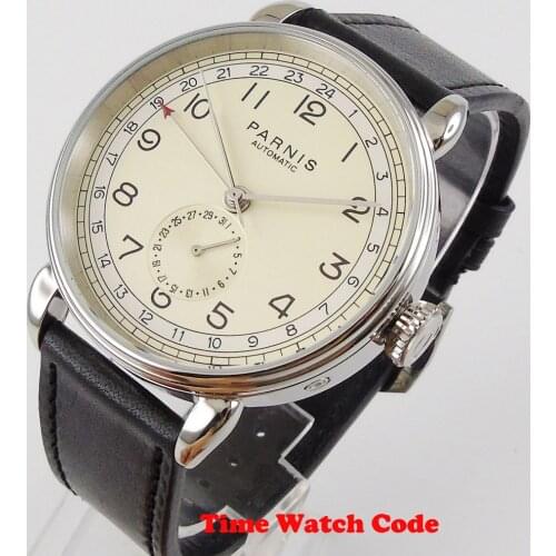 PARNIS 42mm Automatic Mens Wristwatch GMT Beige Dial Date indicator Black Strap black leather strap polished bezel