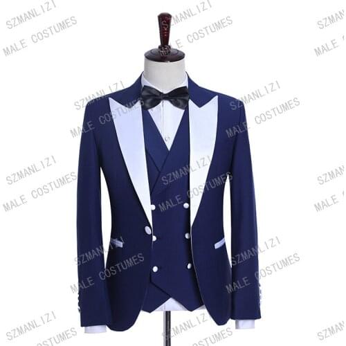 Wedding Suits For Men Costume Homme Mariage Blue Suit White Lapel Double Breasted Vest Prom Party 3 Piece Suit Men Formal Tuxedo