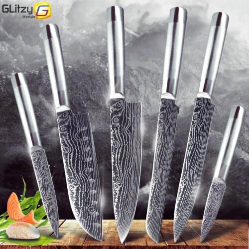 Kitchen Knives Japanese Chef Knife 7CR17 440C High Carbon Stainless Steel 6 Pieces Set Utility Santoku Slicer Bread Meat Cleaver