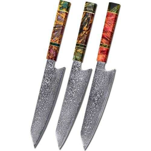 8 Inch 67 Layers Damascus Steel Chef Knife With Resin Stabilized Wood Handle