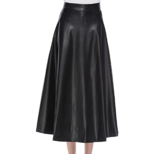 Autumn Winter Leather Skirt Woman Vintage PU Long Skirts Womens Fashion Gothic High Waist A-line Flare Black Skirt Faldas Largas