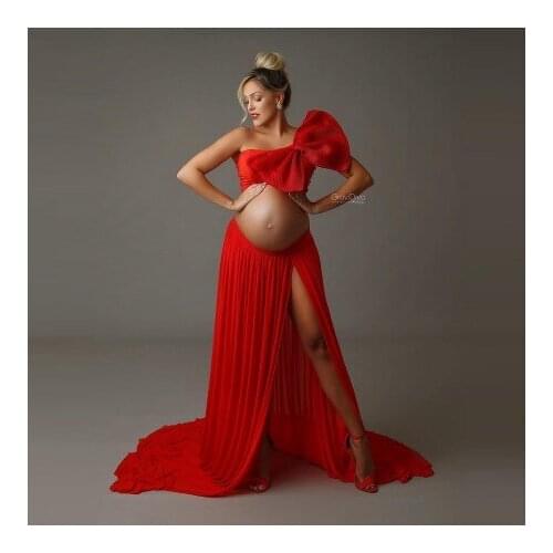 Sexy Two Pieces Maternity Dresses With Big Bow Strapless Chiffon Skirt Floor Length Front Split Custom Made Pregnancy Gown