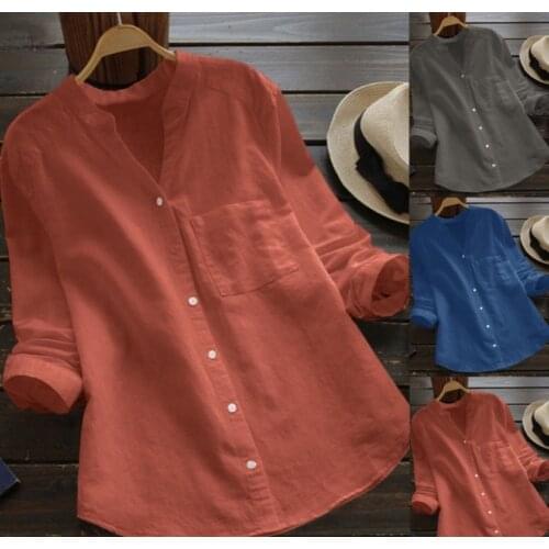 Best Selling Women 's Clothes Top New Cotton Linen Solid Color Long Sleeve plus Size Casual Loose Shirt