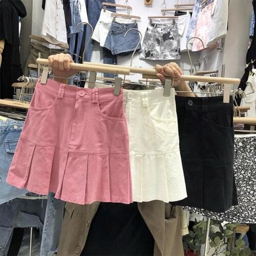 A-line Slim Pink Package Hip Denim Y2k Skirt Temperament High Waist Pleated Skirts 2021 Summer Woman Skirts