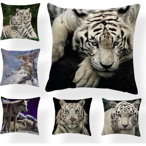 Majestic Handsome Animal Pillowcase White Tiger Snow Leopard Sofa Decoration Cushion Set Wolf Group Owl Polyester Linen Pillow