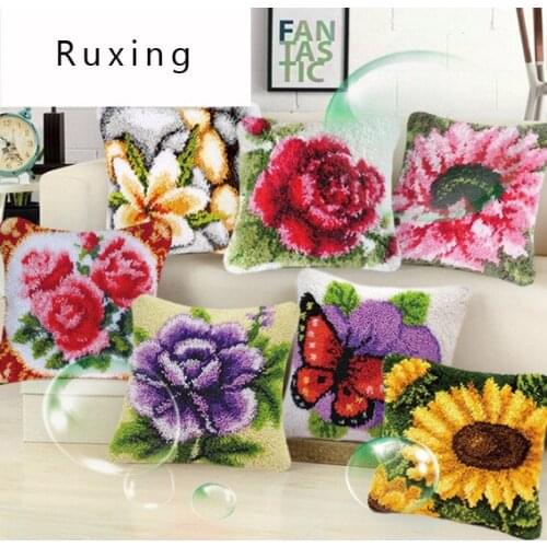 Embroidery Pillowcase Latch Hook Tapestry Kit Pillow DIY Embroidery Handicrafts Needlework Crochet Hook Pillows Flower Knitting