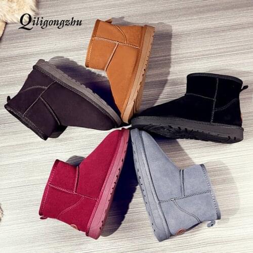 Women Snow Boots Cow Suede Leather Ankle Boots Female Super Warm Winter Boots Woman Shoes Plus Size 34-42 5 Colors Red Brown