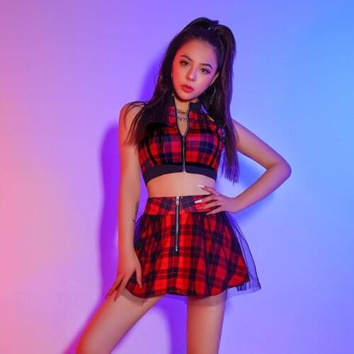 Sexy Stage Hip Hop Street Dance Wear Jazz Dance Costume Female Korean Red Plaid Hiphop Dance Costume Bar Nightclub Rave Clothes
