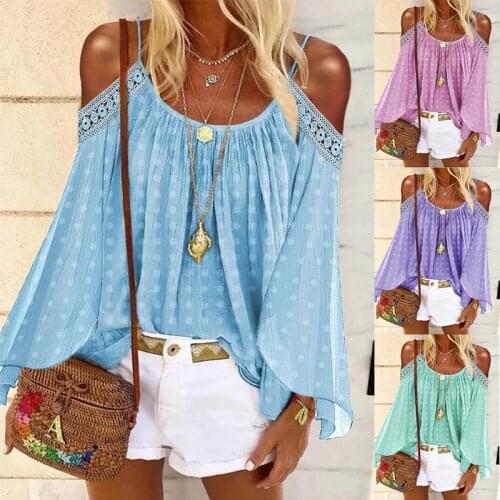 Women Sexy Lace Off Shoulder Summer Fashion Casaul Clothes Tops Long Sleeve Dot Shirt Femme Blusa Mujer