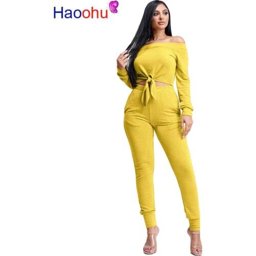 HAOOHU Winter Women Tracksuits Slash Neck Crop Lace Up Tops Pants Solid Two Piece Sets Fashion Casual Sporty SweatSuit
