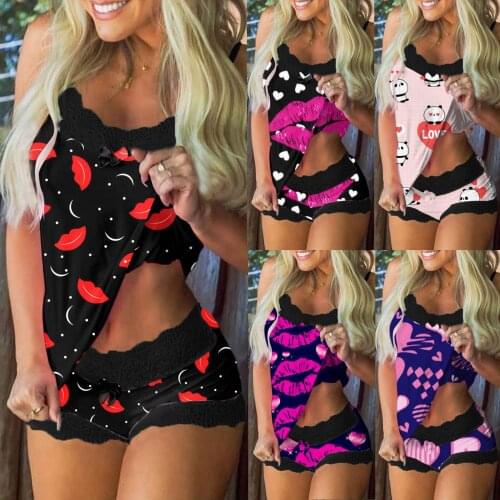 2PCS 2021 New Women Fashion Sexy Print Pajamas Sleeveless Lace Cami Shorts Lingerie Sleepwear Set Underwear Set Sex Product