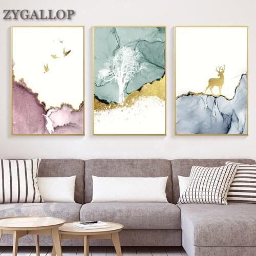 Forest Abstract Golden Deer Canvas Painting Modern Decor Posters and Prints Nordic Wall Art Pictures for Living Room Bedroom