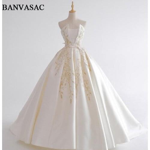 BANVASAC 2018 Ball Gown Strapless Plus Size Wedding Dresses Real Photos Embroidery Satin Court Train Bridal Dresses