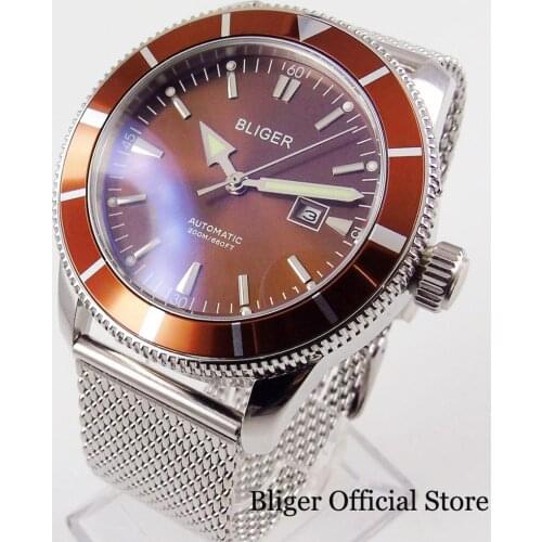 46mm BLIGER Coffee Dial Automatic Men Watch Rotating Bezel Mental Band mingzhu/miyota movement