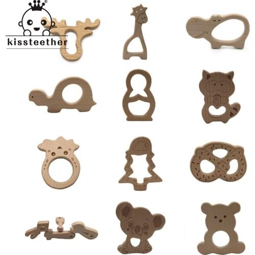 Wooden Teether Rings Natural Wood Teething Toys for Infant,Wooden Teether Animals for Toddler,Baby Soothing Pain Relief Toys