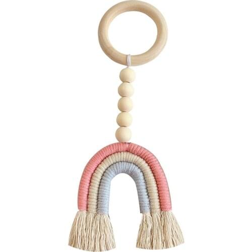 Hot Newest Rainbow Solid Wood Ring Ornaments Nordic Style Childrens Room Garland Tassel Wooden Bead String Kids Room Decoration