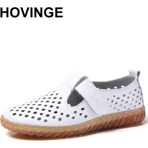 HOVINGE New Hollow Summer Women Flats Genuine Leather Woman Shoes Cutout Womens Loafers Slip On Ballet Footwear Breathable Fema