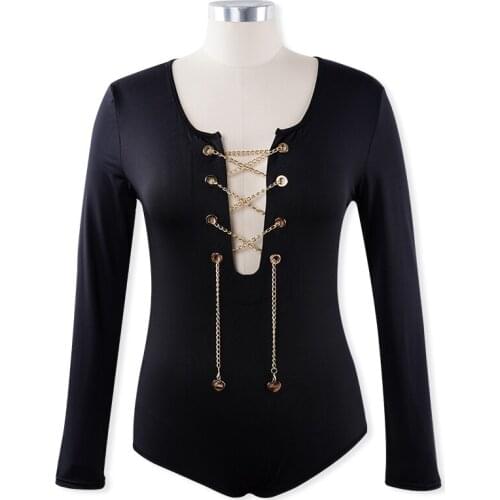 Solid Black Sexy Bodysuit Jumpsuit Women Metal Chain Sexy Decoration Long Sleeve Skinny Casual Short Playsuit Female Bodysuit