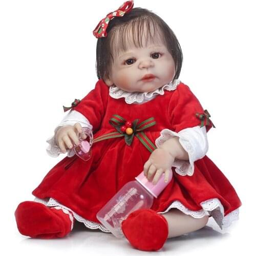Bebe dolls full body silicone reborn baby girl dolls 23" NPK girl doll reborn rooted hair red xmas dress bonecas reborn