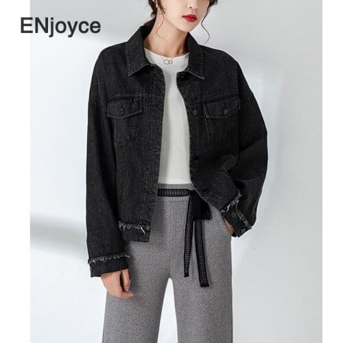 Women Vintage Black Punk Denim Jacket Coat Spring Fall Ladies Long Sleeve Casual Loose Jean Coats Korean Style Streetwear