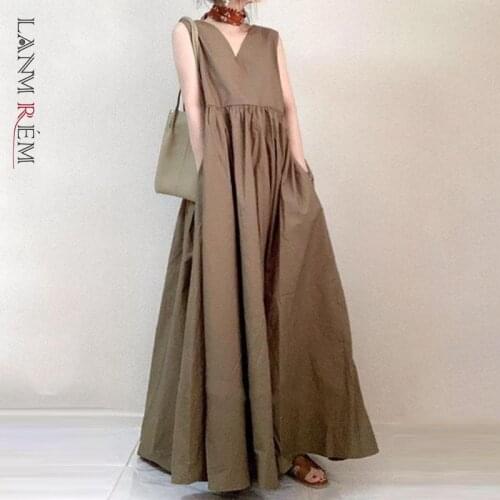 LANMREM New Women Dress High Waist V-neck Side Pockets Temperament Loose Fit Fashion Tide Summer 2021 2P1103