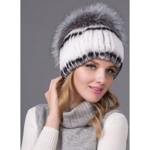Best Selling Rabbit Hair Knitted Womens Real Fur Hat Fox Hair Warm Thickened Autumn and Winter Womens Knitted Cap Headwear