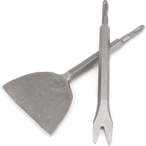 2Pcs Electric Hammer Chisel Set Flat & V-Type Hammer Drill Bit Motor Removal Tool Angled Heavy Duty Bent Tile Chisel