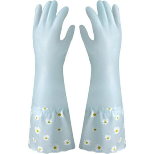 2 Set Home Glove Rubber Daisy style plus velvet to Keep warm Kitchen Brush Bowl latex Plastic Waterproof Cleaning Tools