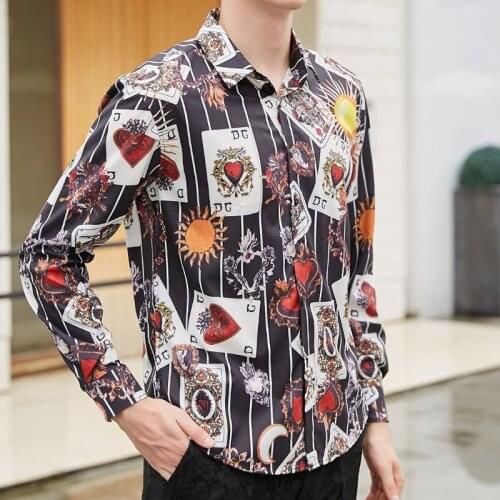 2020 New Autumn New Mens Silk Satin Printed Shirts Male Slim Fit Long Sleeve Nightclub Party Shirts Print Men Shirt Tops M-3XL