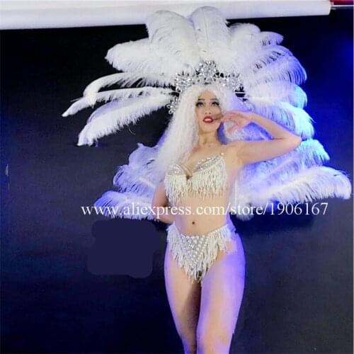 New Design DS Women Feather Party Evening Dress Stage Performance Models Ballroom Bikini Feather Fan Masquerade Cosplay Clothes