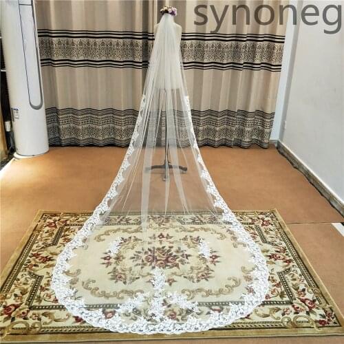 Real Photo 3m One Layer Wedding Veil With Comb White Lace Edge Bridal Veils Ivory Appliqued Cathedral Wedding Veil
