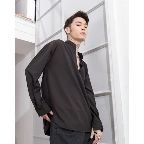 Solid color versatile V-Neck long sleeve shirt mens loose personality Pullover coat